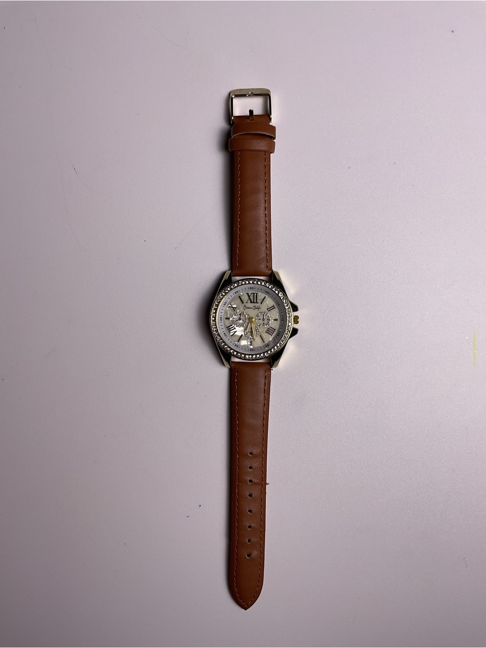 Jessica Carlyle Crystal-Trim Brown Faux Leather Strap Watch
